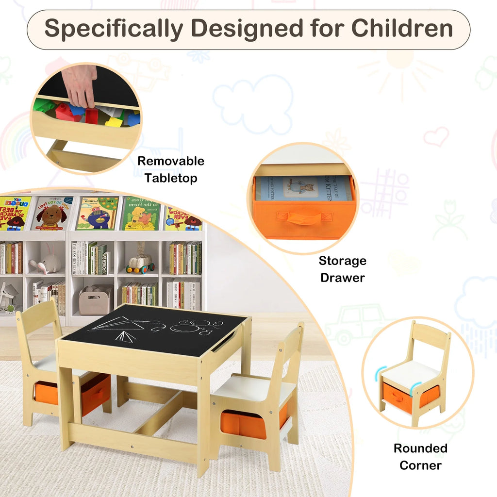 LINLUX Kids Table and 2 Chairs Set, Children Activity Table Chairs with Chalkboard/Whiteboard, Grey