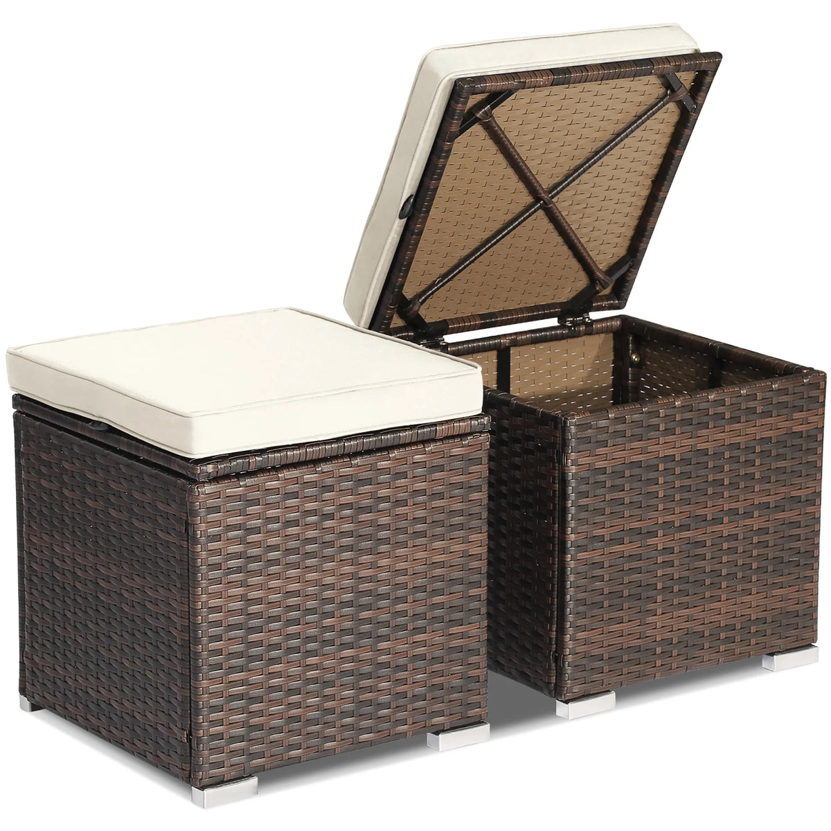 Costway 2PC Patio Rattan Ottoman Seat Side Table Storage Box Footrest Off White