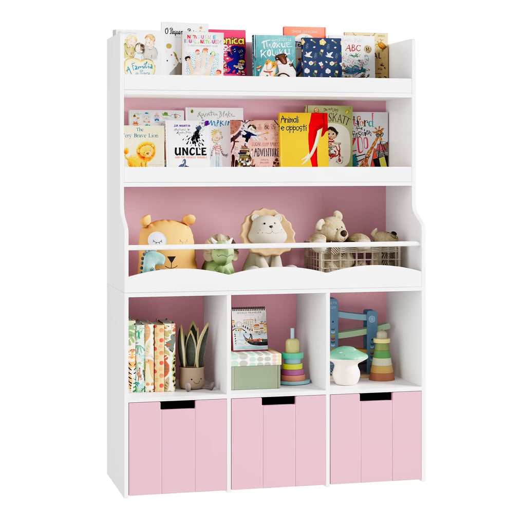 Homfa 55.5 H Kids Bookshelf with 2-Tier Book Shelves, Children Toy Organizer with 3 Cubes and Removable Drawers, White