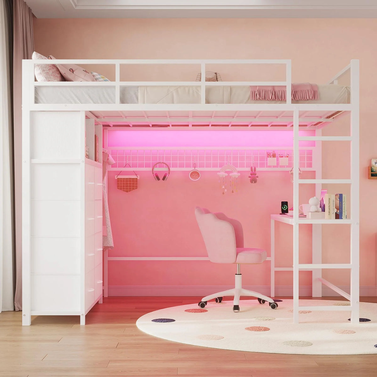 Afuhokles Twin Size Loft Bed with Desk and 8 Storage Drawers and Charging Station, Metal Loft Bed Twin with LED Lights, Storage Shelves, Black