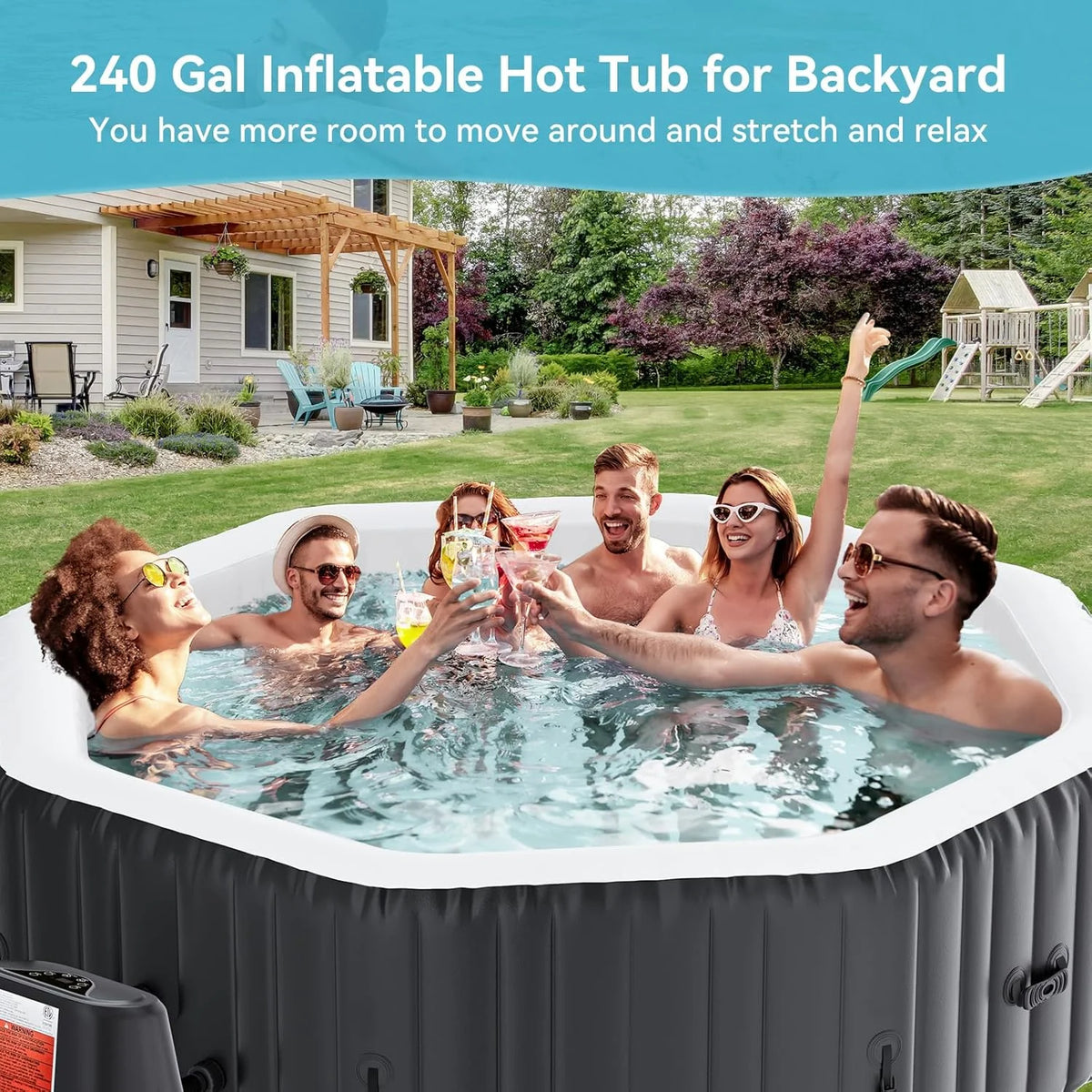 4-6 Person Inflatable Hot Tub, Large Polygon Portable Blow up Hot Tub, Leak-Proof PVC Outdoor Spa with 130 Air Jets, Insulated Cover and Heater Pump, 77 X 77 X 25