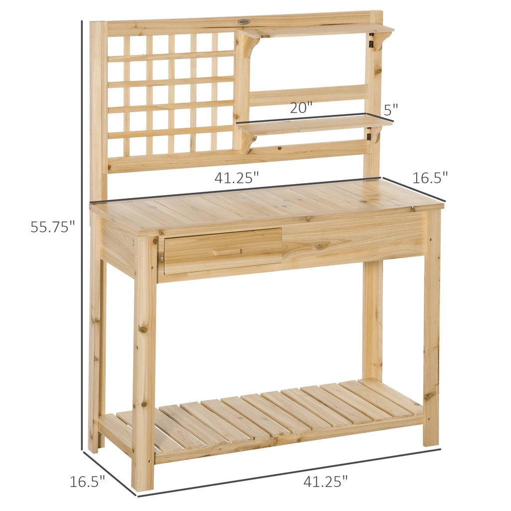 Outsunny Potting Bench Table, Garden Work Bench, Outdoor Wooden Workstation with Tiers of Shelves and Drawer for Patio, Courtyards, Balcony, Grey