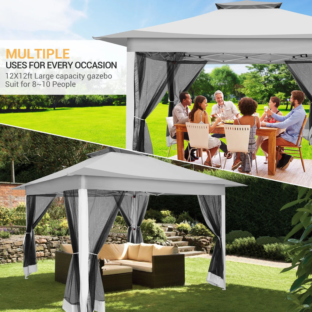 HOTEEL 12x12 Outdoor Pop-up Gazebo Canopy with Mosquito Netting 2-Tiered Vented Top 3 Adjustable Height for Backyard, Garden, Lawn,Light Grey