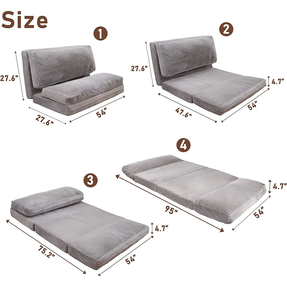 Folding Sofa Bed,Extra Thick and Long Fluffy 4 Position Convertible Flip Lounge Chair,Foam Filling Folding Matress Sofa Bean Bag with Washable Cover,Grey,39x95 Inch