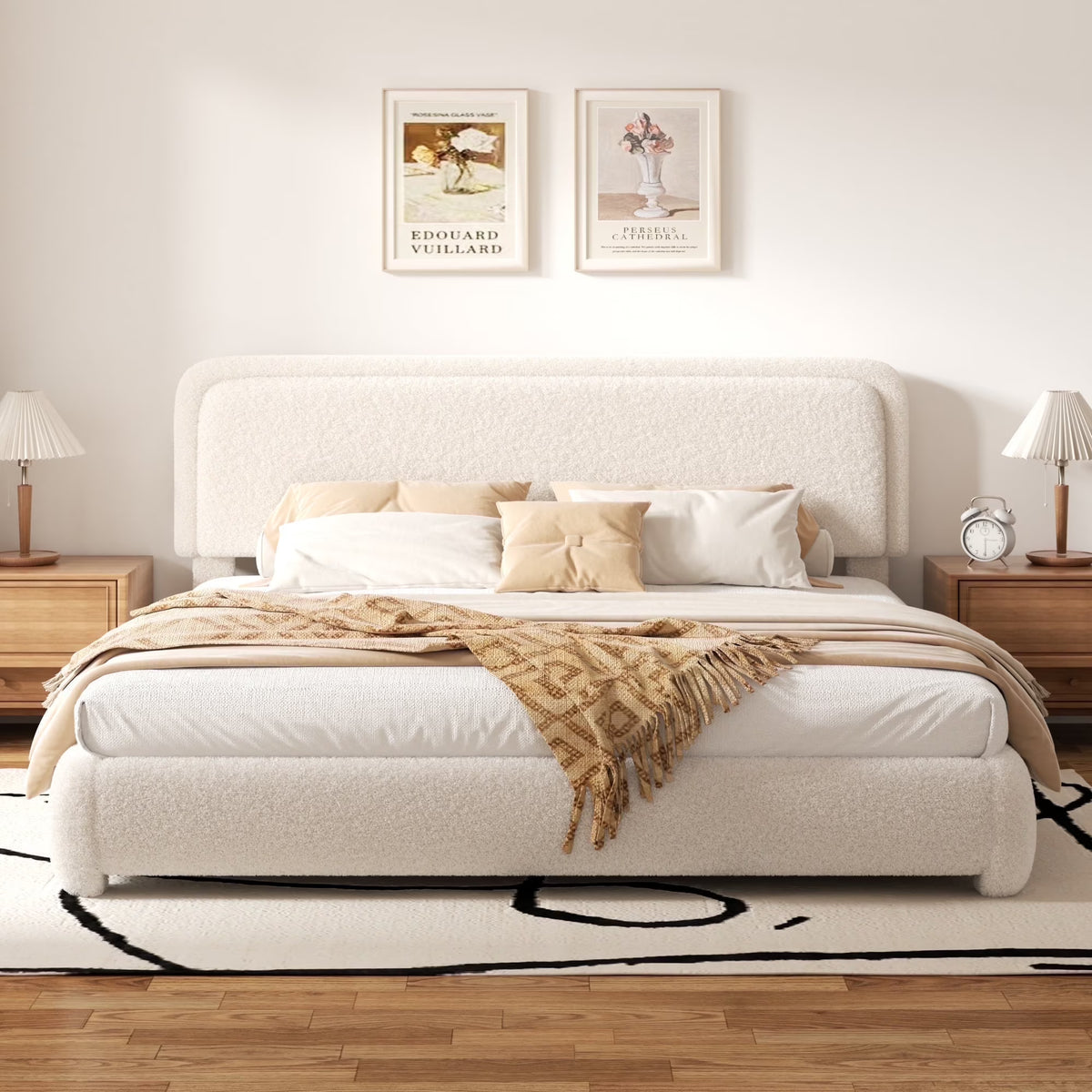 VIPLOV King Size Boucle Bed Frame, Cloud Upholstered Platform Bed with Height Adjustable Headboard & Soft Rounded Corners, No Noise Free, Easy Assembly,Beige
