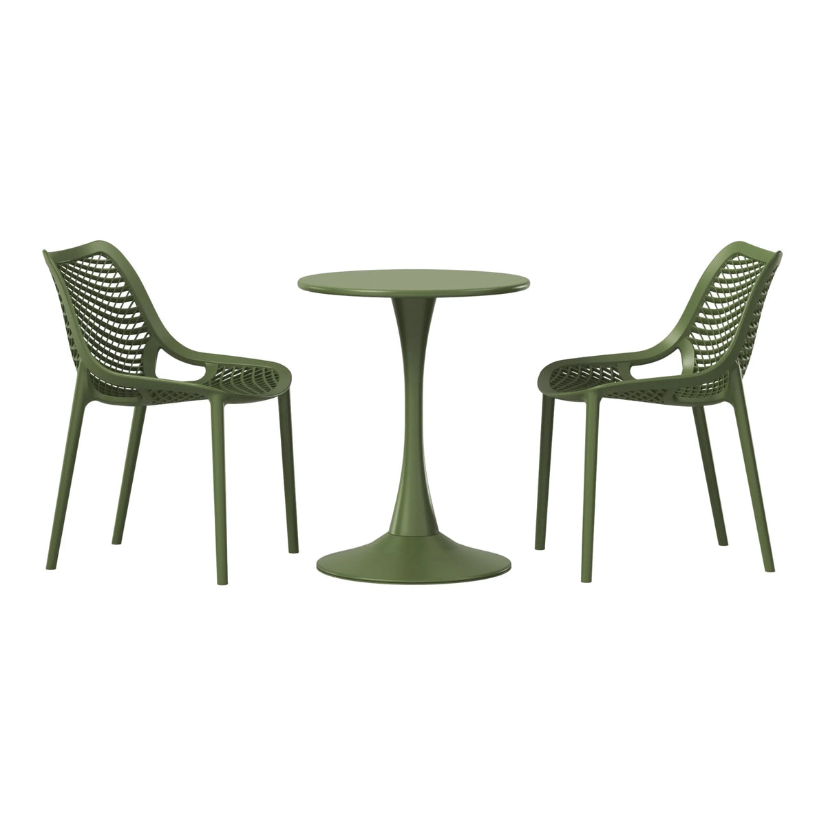 WestinTrends Playa 3-Piece Outdoor Round Metal Dining Table Set And Stackable Resin Patio Dining Side Chairs, Olive Green