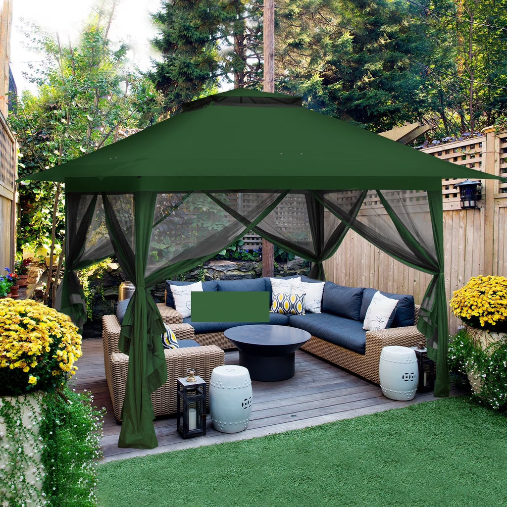 EAGLE PEAK 13' x 13' Pop-Up Gazebo Tent Instant w/Mosquito Netting，Outdoor Gazebo Canopy Easy Set-up Folding Shelter (Beige/Brown)