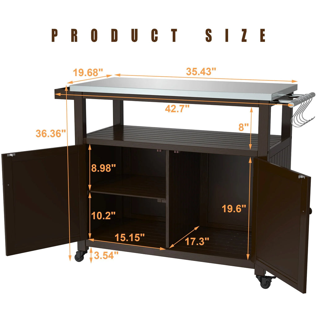 Outdoor Prep Table Grill Station, Solid Wood Movable Dining Cart Table, Dark Brown