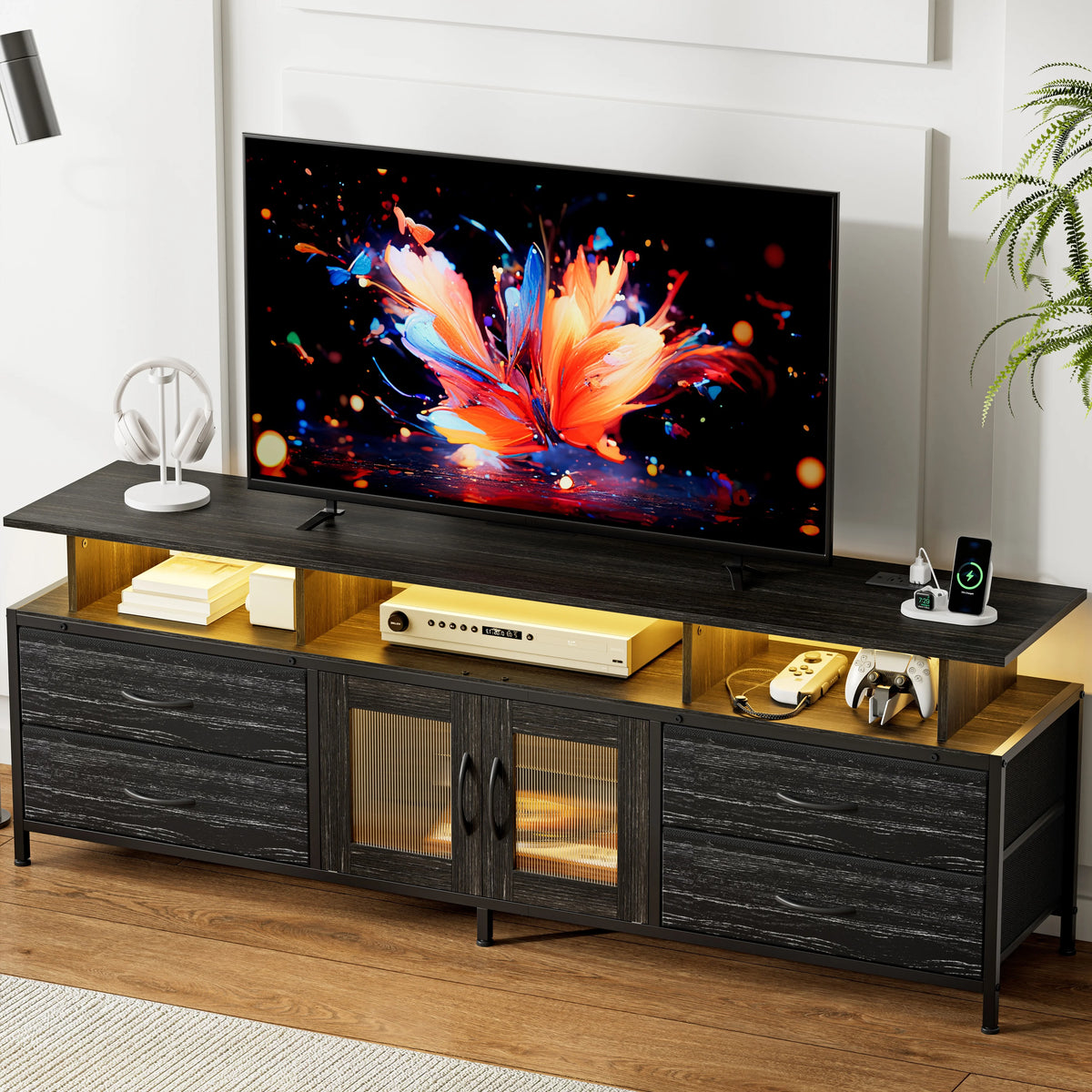 GUNAITO TV Stand for TV up to 70", Big TV Stand for Living Room Entertainment Center with LED Lights and 4 Fabric Drawers , Black