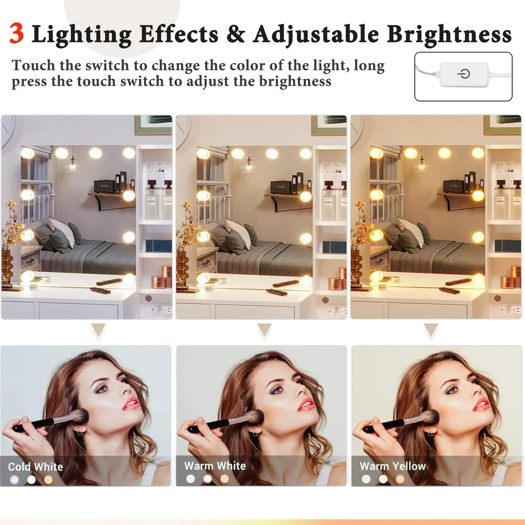 White Vanity Set Desk Table with 10 LED Lights & Charging Station & Sliding Mirror, Modern Makeup Vanity Desk Dressing Table with 5 Drawers for Bedroom, 10 LED Light Bulbs