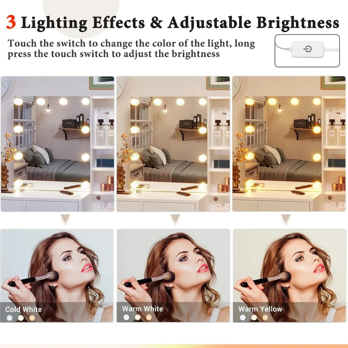 White Vanity Set Desk Table with 10 LED Lights & Charging Station & Sliding Mirror, Modern Makeup Vanity Desk Dressing Table with 5 Drawers for Bedroom, 10 LED Light Bulbs