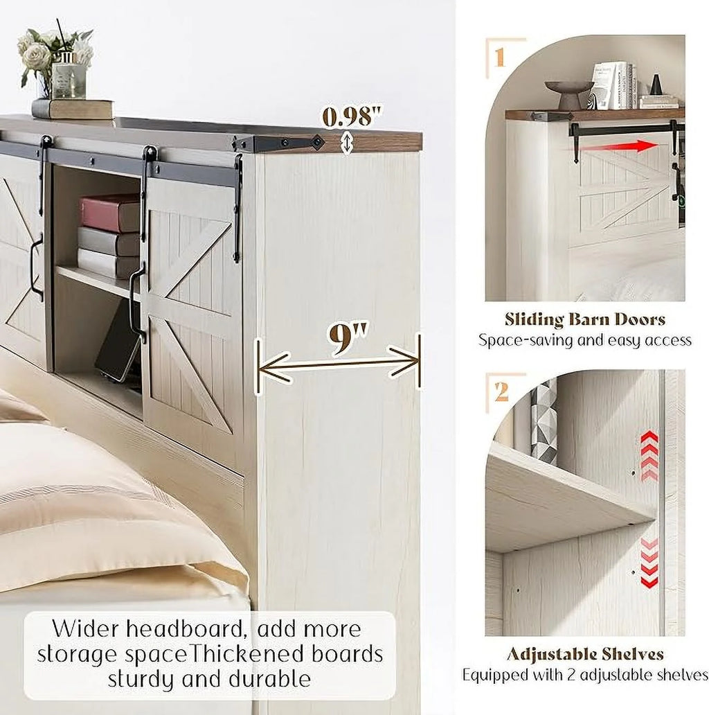Merluxy Farmhouse Full Bed Frame with Storage Bookcase & Charging Station, Bedroom Furniture, Grey