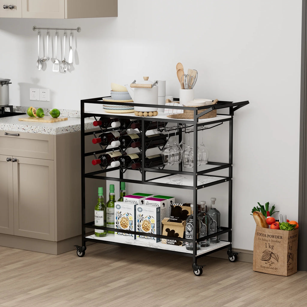 WHIFEA 3-Tier Home Bar Cart with Wine Rack, Mobile Serving Wine Cart on Wheels, Modern Rolling Drink Trolley for Coffee Tea Wine, Beverage Bar Table for Home Kitchen Party, Black