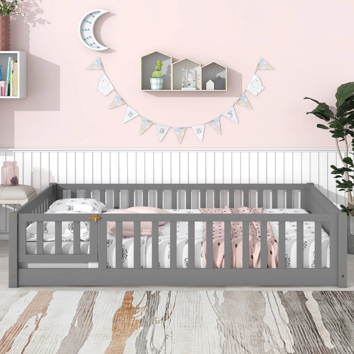 uhomepro Full Size Wood Floor Bed Frame with Fence and Door for Kids, Toddlers, Gray