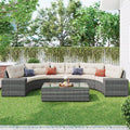 8 Pieces Outdoor Wicker Round Furniture Set, All Weather Half-Moon Sectional Patio Sofa Sets with Rectangular Coffee Table, Beige