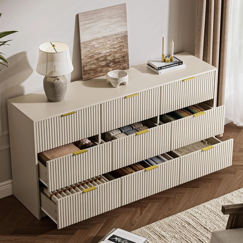 Furniway Fluted Large 9-Drawer Black Dresser