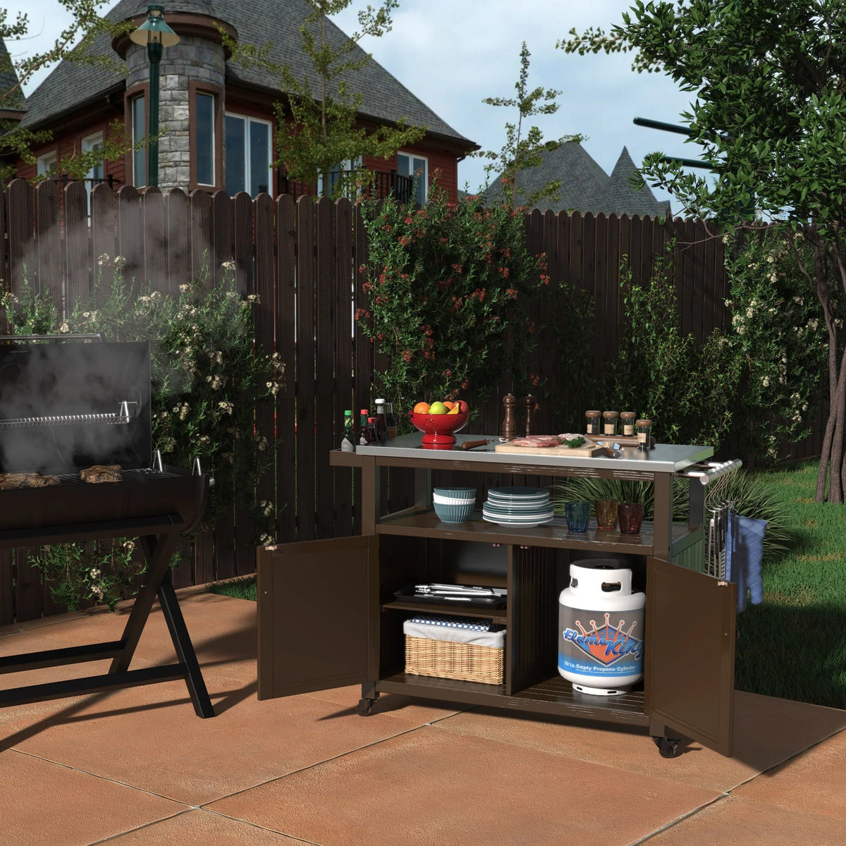 Outdoor Prep Table Grill Station, Solid Wood Movable Dining Cart Table, Dark Brown