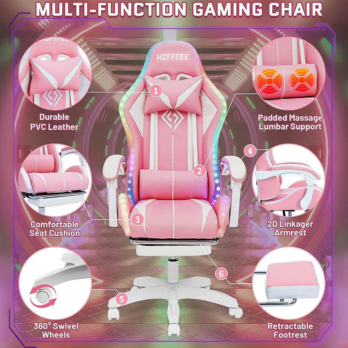 Hoffree Gaming Chair with Bluetooth Speakers and Footrest Massage Office Chair with LED Lights Ergonomic Game Chair High Back with Lumbar Support and Headrest Adjustable Swivel for Adults 300lb