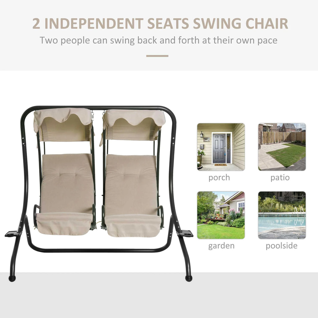 Outsunny 2-Seat Modern Steel Canopy Porch Swing with Cup Holder and Cushions, Beige/Black