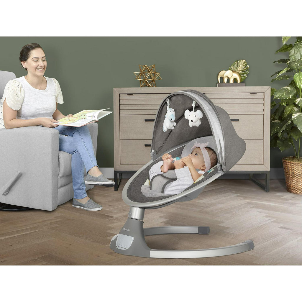 Dream On Me Zazu Baby Swing. Baby Swing for Infant. 5 - Swinging Speed. Two Attached Toys. Bluetooth Enabled and Remote Control. Grey and Blue