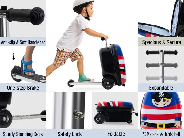 Kids Luggage Scooter, 3-Level Height Adjustable, Pirate Theme  Foldable Carry-On Suitcase, Lightweight Ride-On Scooter