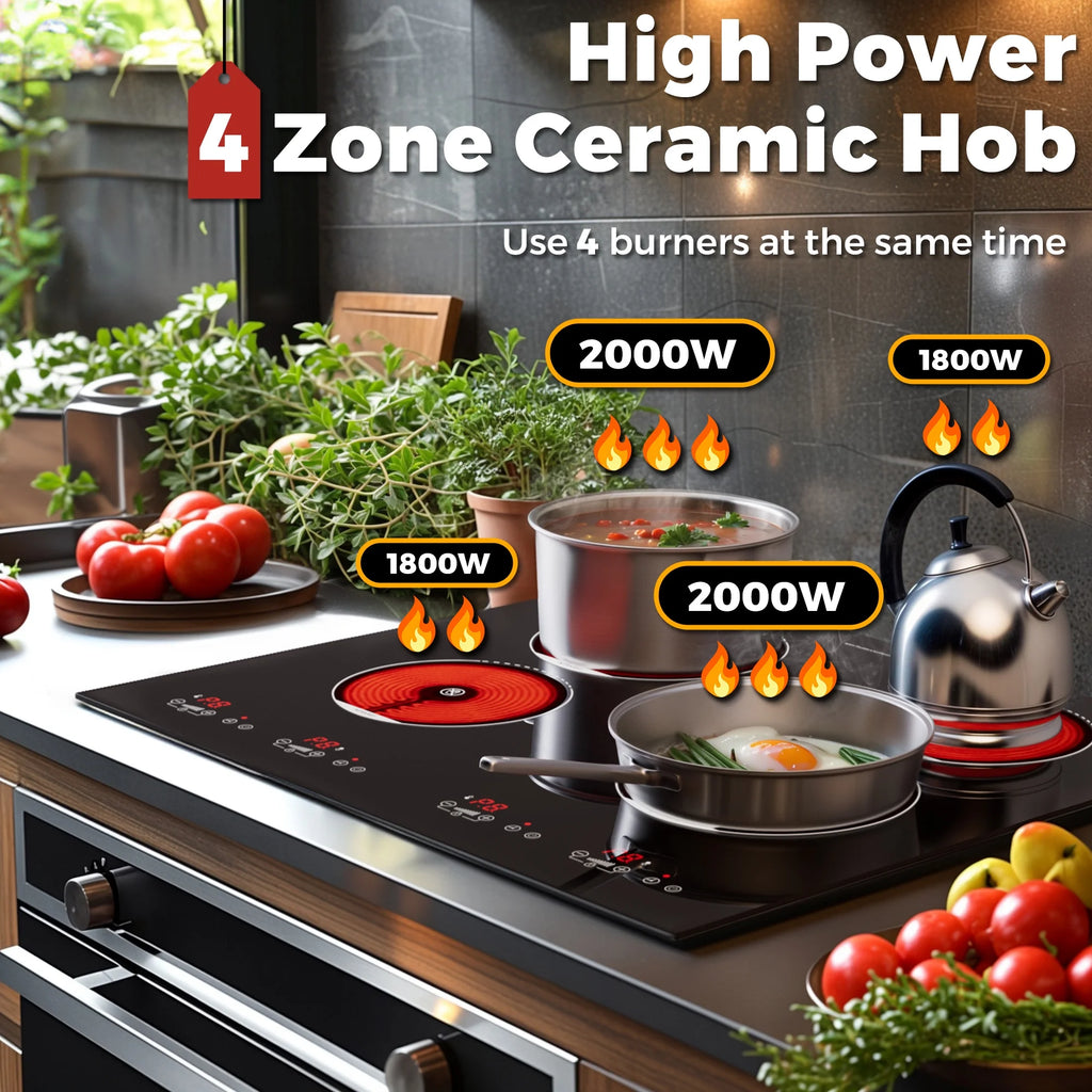 Advwin  4 Burner Electric Stove Top 24 Inch Built-in Electric Stove Top,6000W Electric Ceramic Cooktop with 4H Timer, Kid Safety Lock and Knob Control, 9 Heating Level,220v(No Plug)