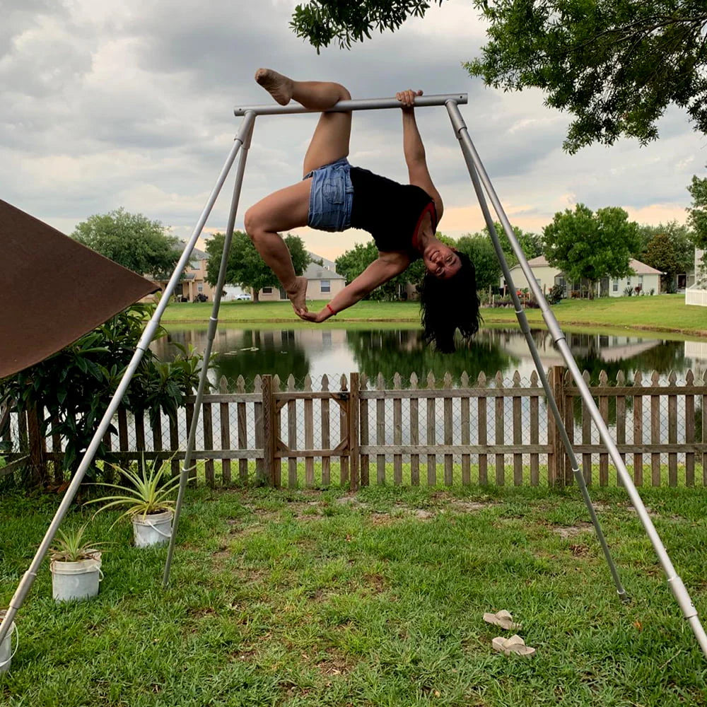 Kojem 97"/2.46m Aerial Trapeze Stand Portable Rig Yoga Swing Bar 250kg/551lbs Aluminum Rack ＆ Nylon Silk Indoor Outdoor Use with 20Ft/6m Aerial Purple Silk