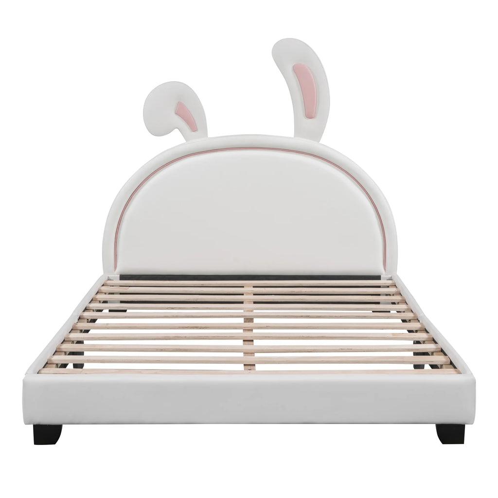 Euroco Upholstered Full Size Platform Bed, PU Cartoon Bunny Bed for Kids, Gray