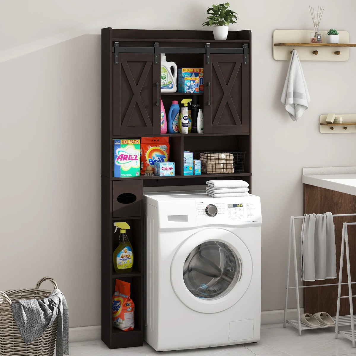 Over The Toilet Storage Cabinet, Farmhouse Storage Cabinet Over Toilet with Sliding Doors Home Space-Saving Toilet Rack, for Bathroom, Restroom, Laundry
