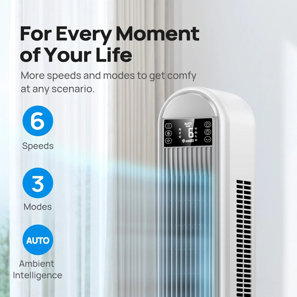 Dreo Tower Fan for Home, 42" Standing Fan with Remote, 90 Oscillating Fan for Indoors, 34dB Quiet Bedroom Fans, 6 Speeds, 4 Modes, 12H Timer, Bladeless Fan with LED Display, 26 ft/s High Velocity