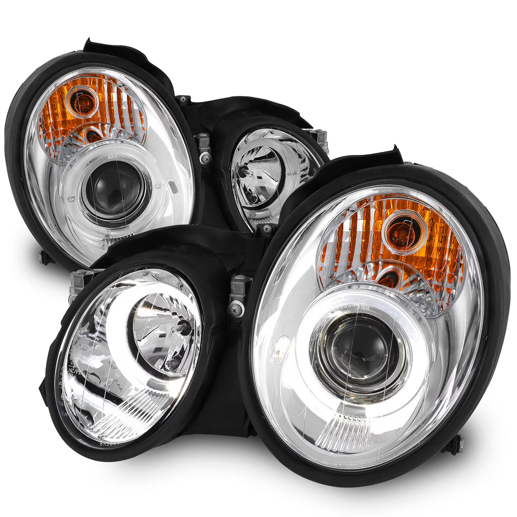 AKKON - For 98-02 Mercedes Benz W208 CLK-Class 320 430 55 AMG Chrome LED Dual Halo Ring Halogen Type Projector Headlights Pair
