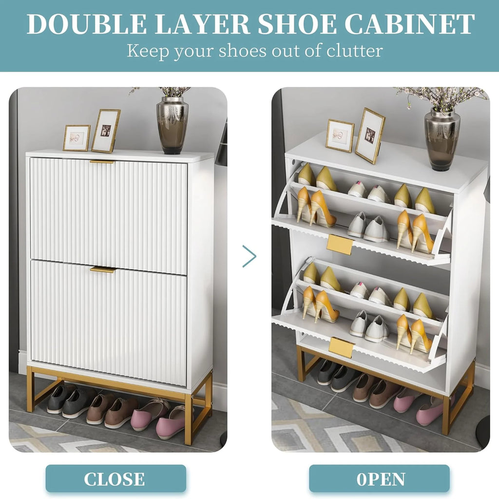 Oubayajia Modern Shoe Storage Cabinet, Wood Shoe Rack Organizer with 2 Flip Drawers, Freestanding Narrow Shoe Cabinet for Entryway Hallway, Natural