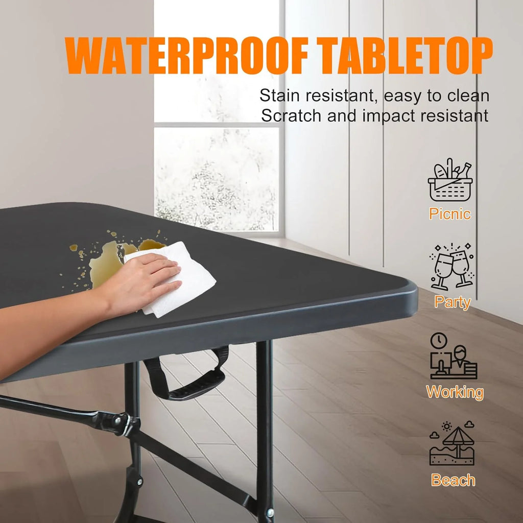 Folding Table with Carry Handle, Portable Fold-in-Half Plastic Table, Rectangle Foldable Table for Indoor