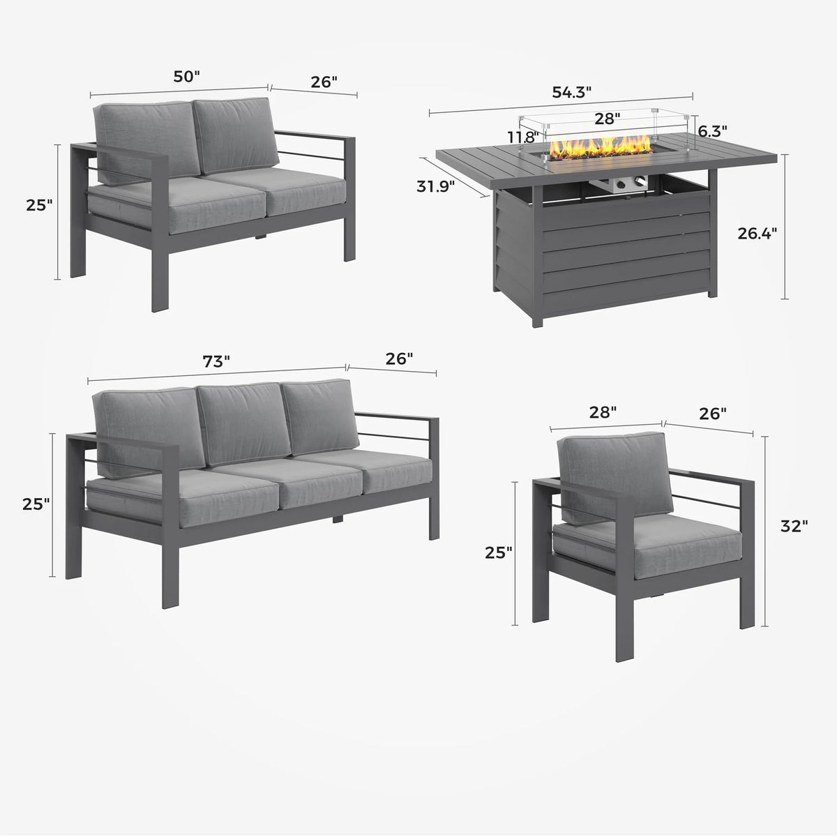 CozyHom 5 Pcs Outdoor Patio Aluminum Furniture Sofa Sets, Outside Patio Conversation Couch Sets With Table&Cushions for Garden Porch, Gray