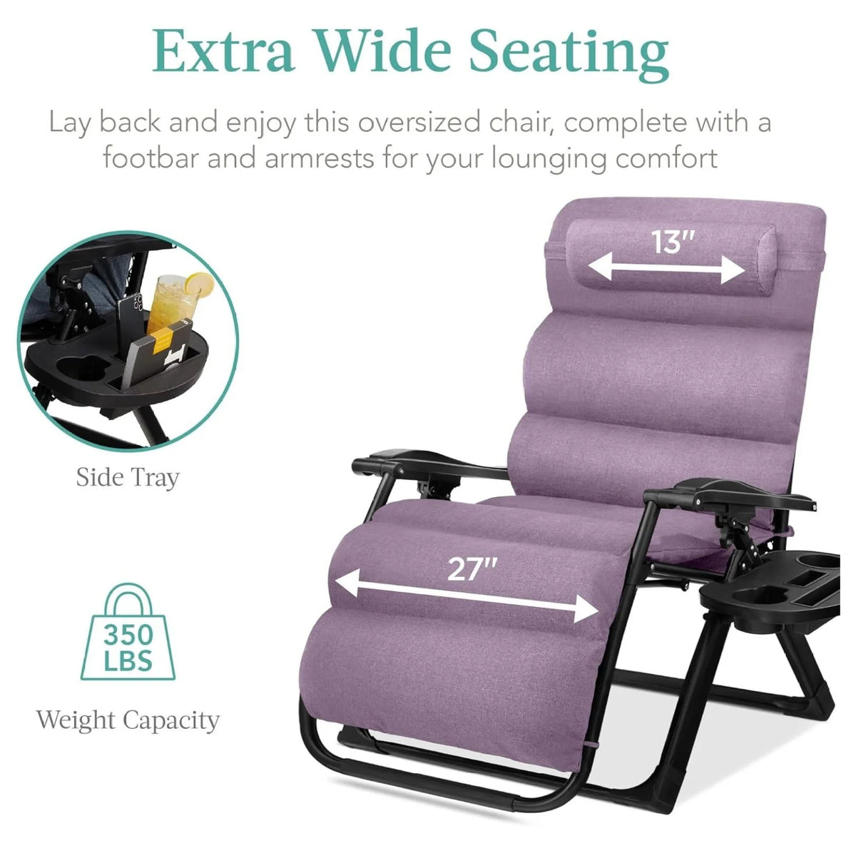 Oversized Chair, Folding Outdoor Patio Recliner, XL Anti Gravity Lounger w/Removable Cushion, Cup Holder, Side Tray, 350lb Capacity - Taupe