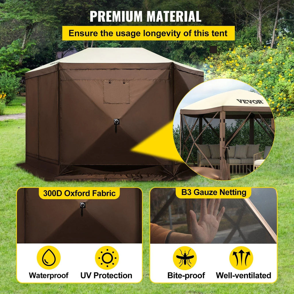Extra Large 12x12ft Pop-Up Screen Tent, Portable Gazebo Canopy with Mesh Sides Water-Resistant Shelter for Camping, Beach, Lawn (Brown/Beige, 6-Sided Design)