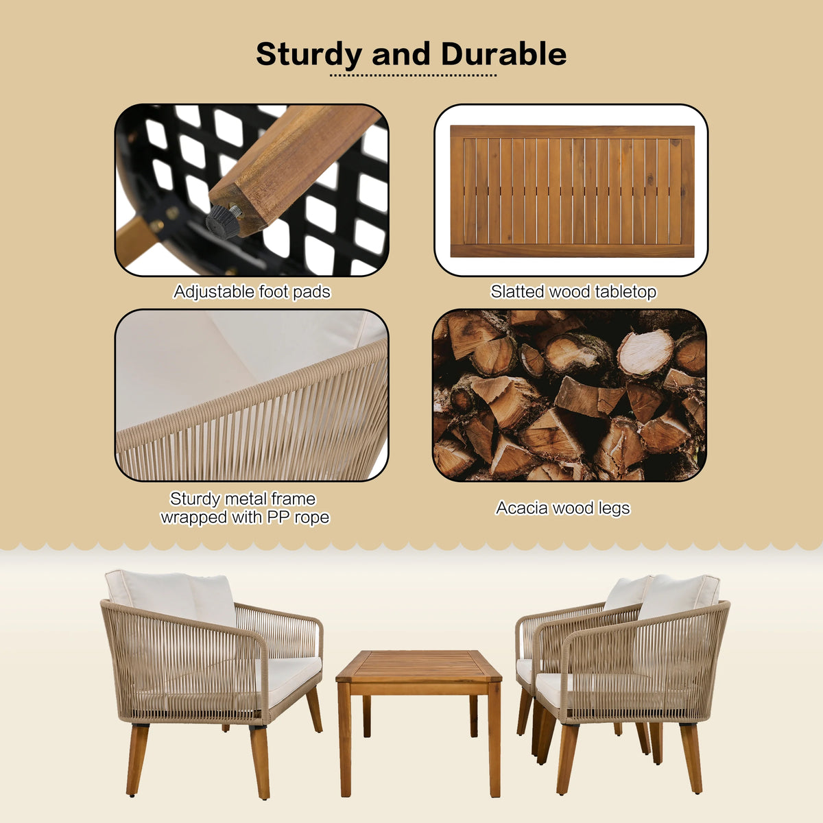 YIYADO 4-piece outdoor sofa set with rattan design, leisure table and chairs with cushions, outdoor sun protection, balcony sofa chair, beige