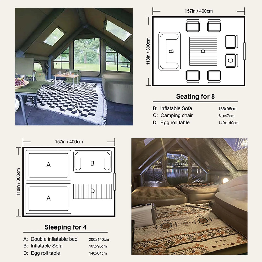 9.8' x 7' Inflatable Camping Tent,4 Season Blow up Tents for Camping, 4-6 Person Inflatable Tent with Stove Jack,Air Tents,Glamping Tent,Waterproof Luxury House with Mesh Window