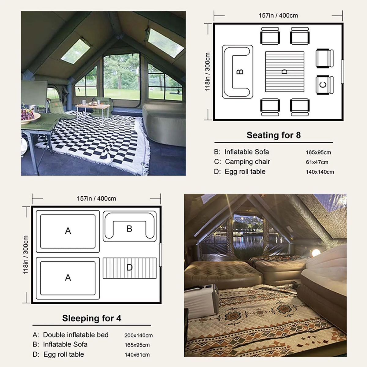 9.8' x 7' Inflatable Camping Tent,4 Season Blow up Tents for Camping, 4-6 Person Inflatable Tent with Stove Jack,Air Tents,Glamping Tent,Waterproof Luxury House with Mesh Window