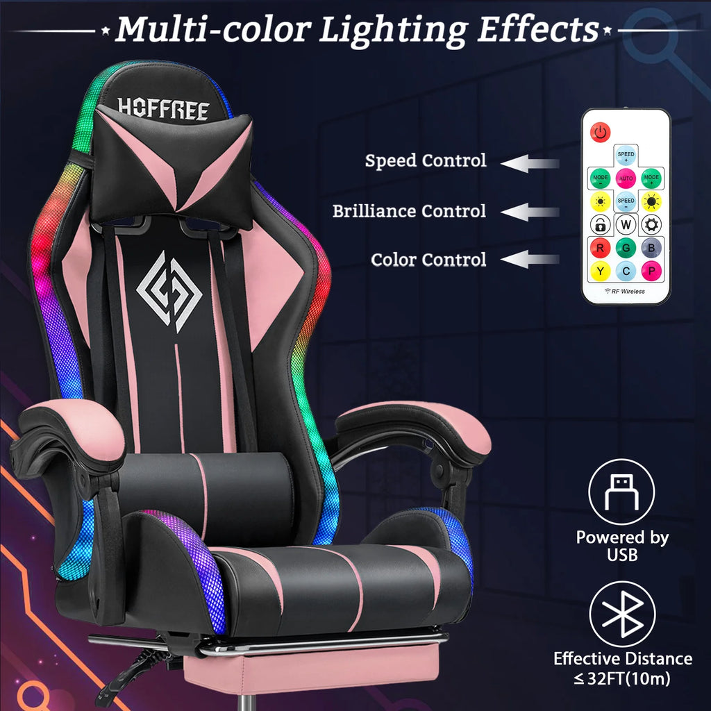 Hoffree Gaming Chair with Bluetooth Speakers and Footrest Massage Office Chair with LED Lights Ergonomic Game Chair High Back with Lumbar Support and Headrest Adjustable Swivel for Adults 300lb