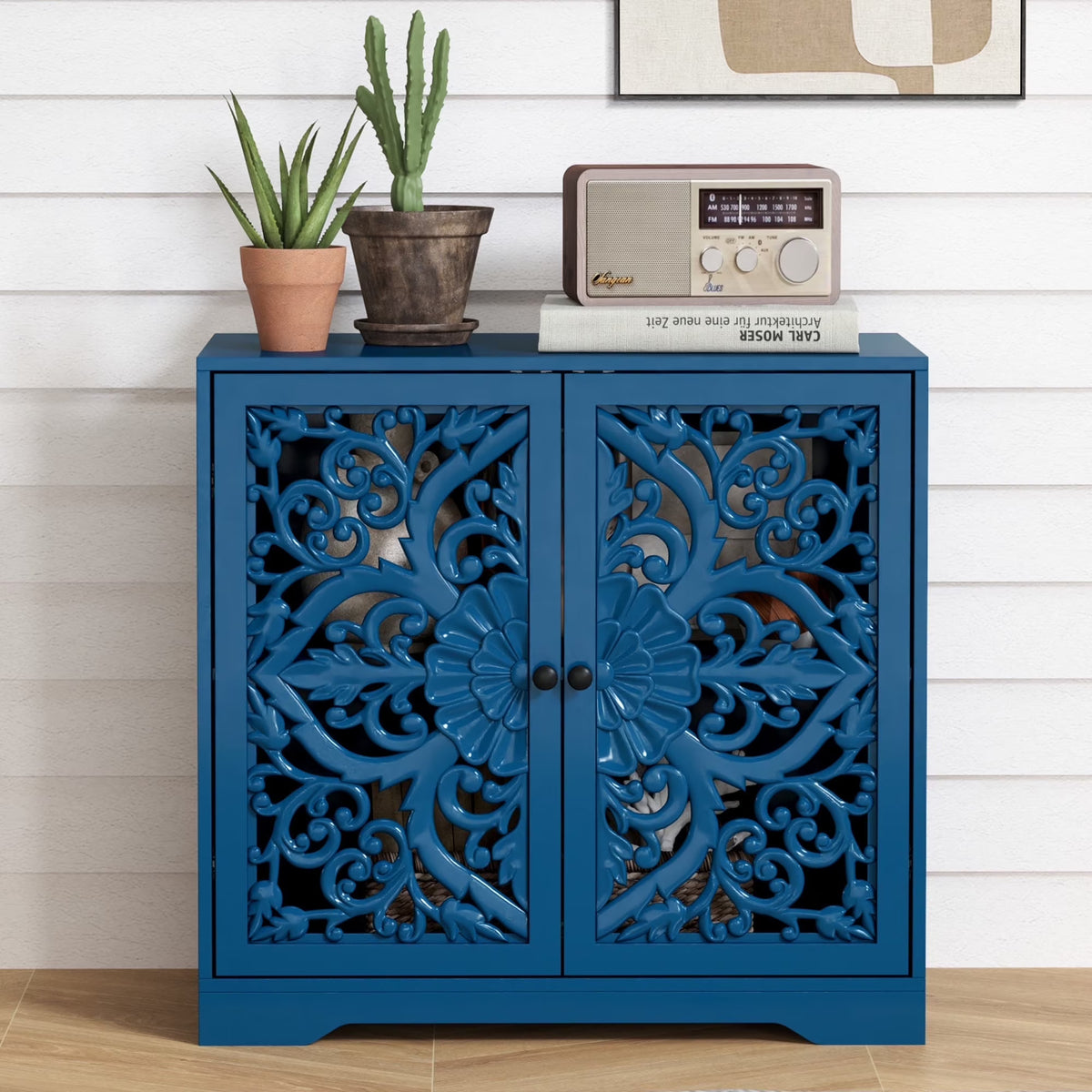 Accent Cabinet with Hollow Carved Door for Entryway Hallway, Blue Sideboard Buffet Cabinet, Storage Cabinet for Living Room