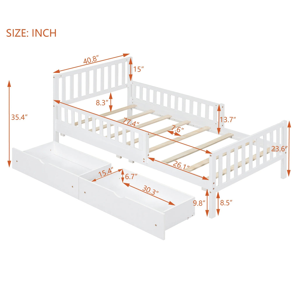 Bellemave Twin Bed with Storage Drawers and Fence Rails, Wood Platform Beds Frame with Headboard, Twin Size Storage Bed for Kids Boys Girls Teens White)