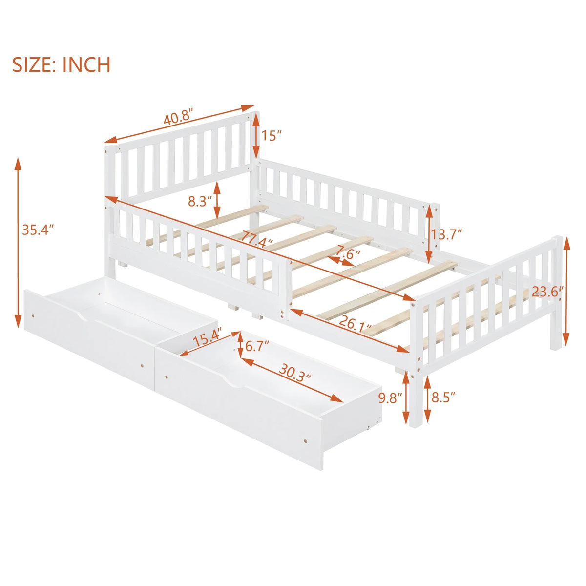 Bellemave Twin Bed with Storage Drawers and Fence Rails, Wood Platform Beds Frame with Headboard, Twin Size Storage Bed for Kids Boys Girls Teens White)