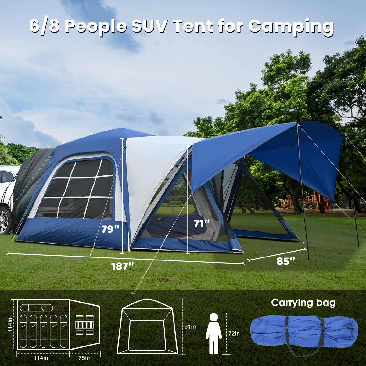 MOPHOTO SUV Tents for Camping 4 People, PU 3000mm Waterproof SUV Tent Attachment Tailgate Tent for Car Jeep Van, Spacious Space 8.2'L x 8.2'W x 7.2'H with 2 Awnings & Double Door