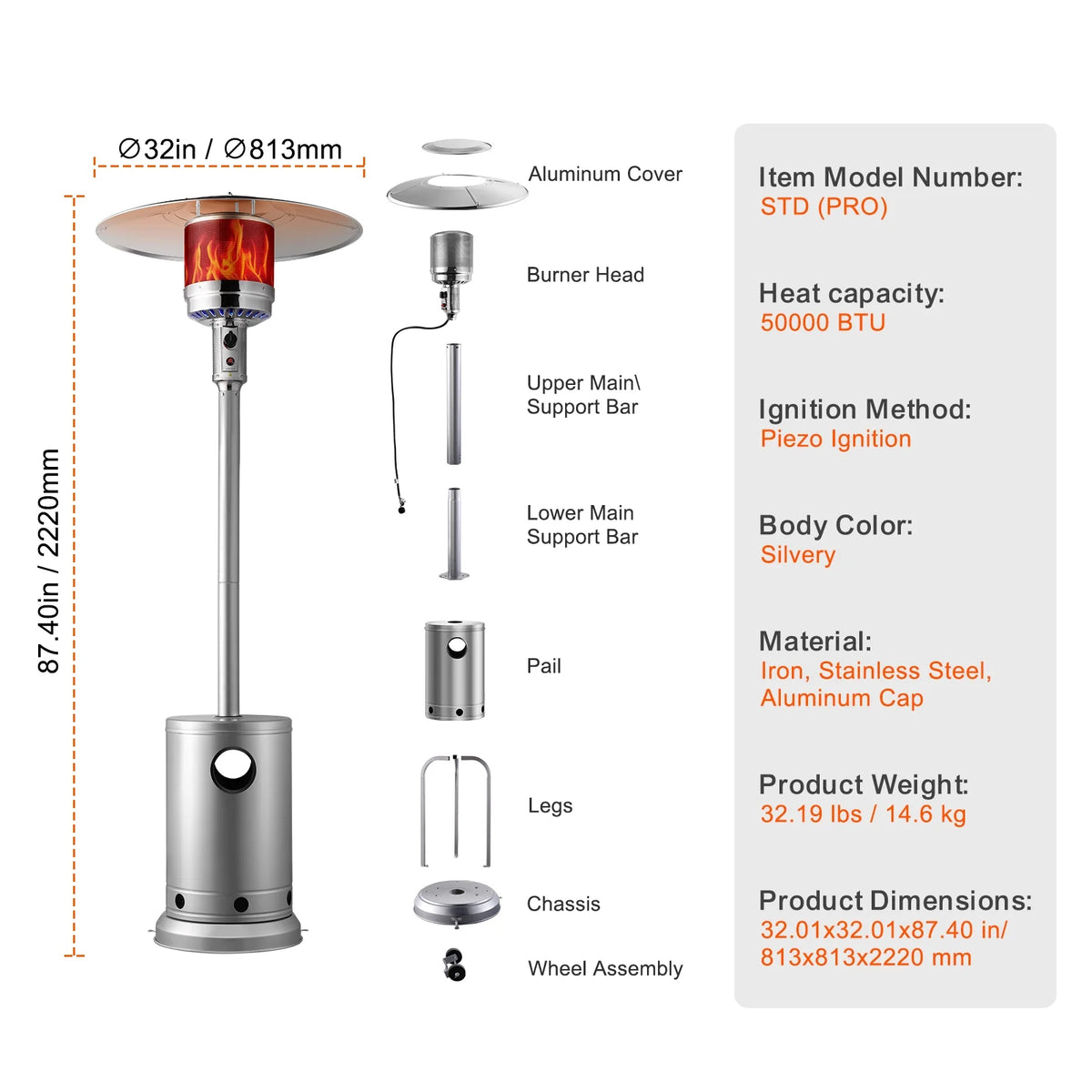 KFFKFF Outdoor Patio Heater, 50000BTU Propane Powered, Elegant Hammered Finish with Circular Table Feature, Durable Metal Burner & Portable Wheels, Ideal for Garden, Patio, Party, Backyard