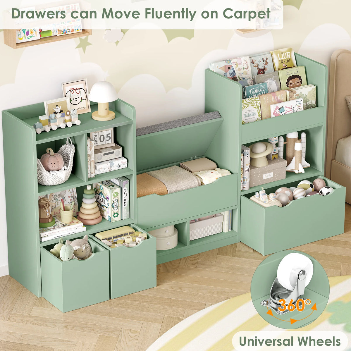 Hiphuta 72"Wide Kids Bookcase with Reading Nook and Under Bench Storage, Wooden Toy Storage Organizer & Book Rack for Kids Room, White