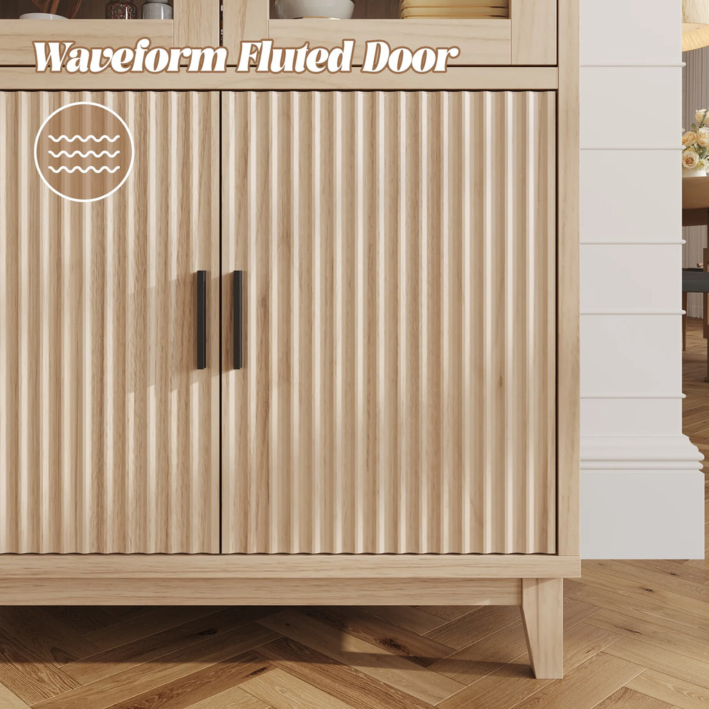 VEANERWOOD 71" Tall Arch Cabinet, Wood Fluted Kitchen Kitchen Storage Cabinet with 4 Doors and 6 Shelves for Dining Room Living Room