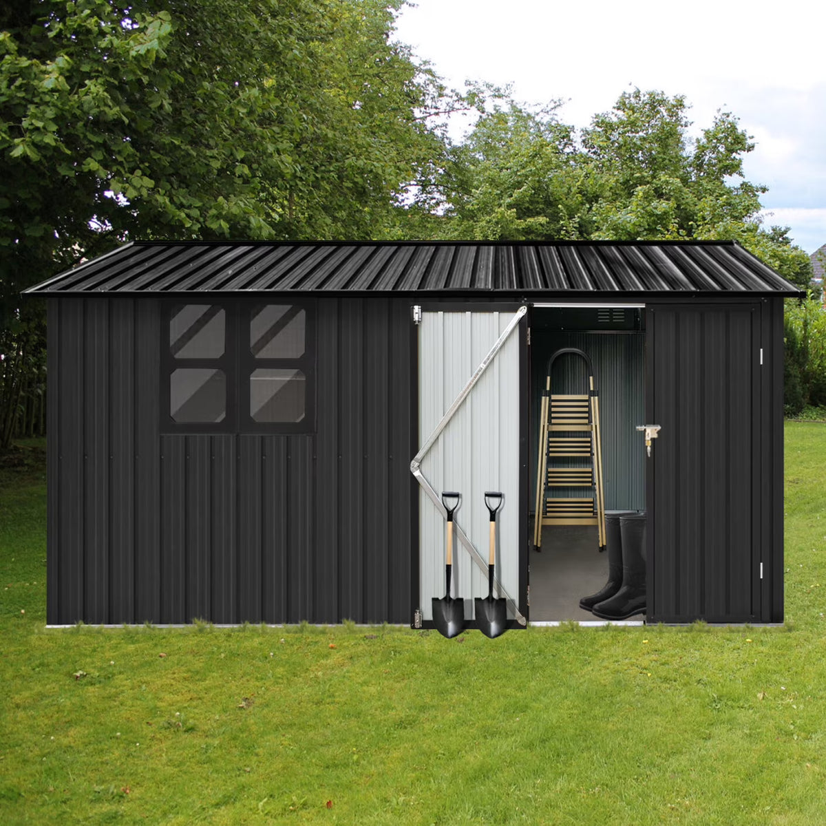 10x12 FT Outdoor Storage Shed, Metal Garden Tool Shed with Vents, Window and Bulit-in Hooks, Waterproof  Organization for Home/Backyard/Garden Tools/Lawn Storage, Yellow+White