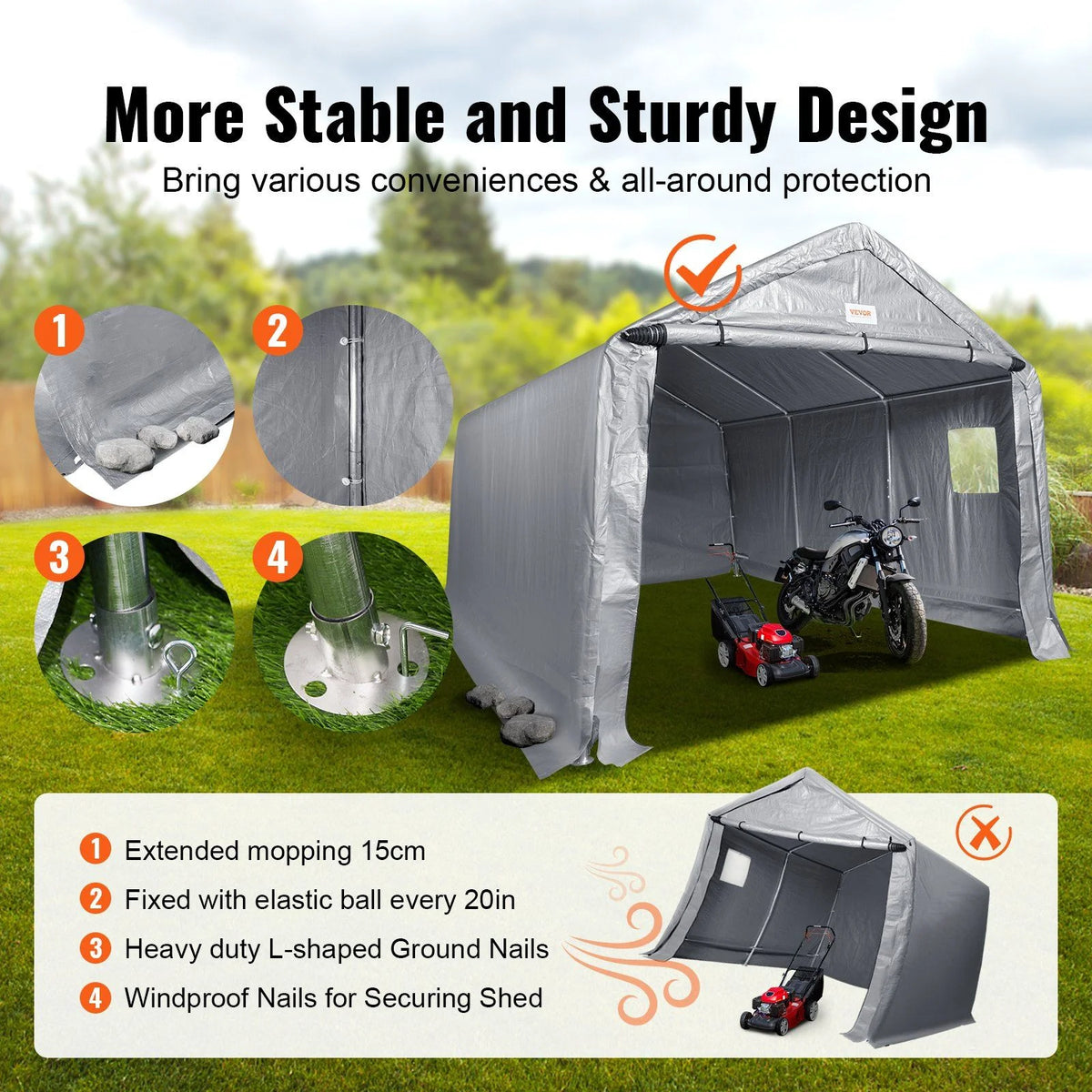 10x15x8ft Heavy Duty Portable Garage Tent Canopy Carport with Roll-up Zipper Door & Ventilated Windows for Car, Motorcycle, Bike, Outdoor Storage