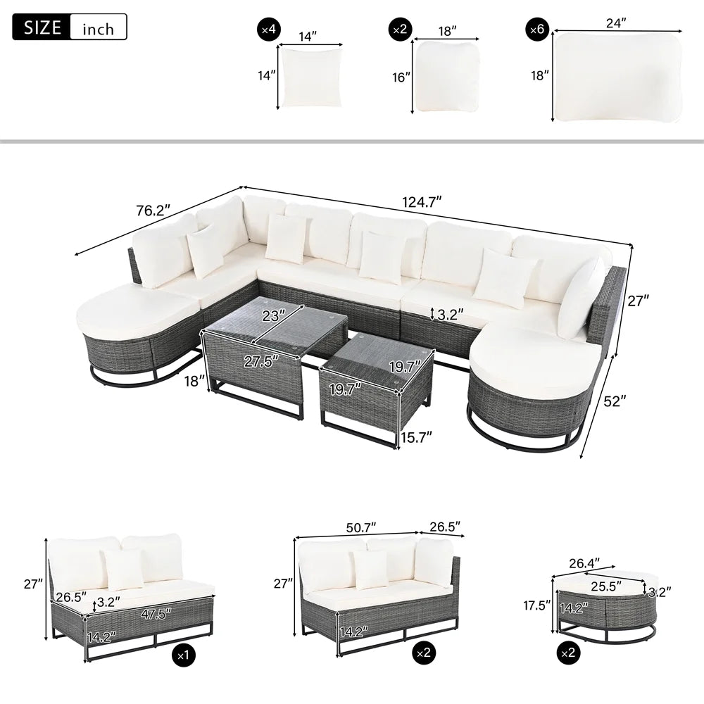 8 Pieces Outdoor Wicker Round Furniture Set, All Weather Half-Moon Sectional Patio Sofa Sets with Rectangular Coffee Table, Beige